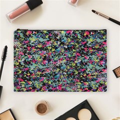 Neon Floral Print Silver Spandex Cosmetic Bag (large)  by Simbadda