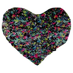 Neon Floral Print Silver Spandex Large 19  Premium Flano Heart Shape Cushions by Simbadda