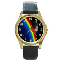 Rainbow Earth Outer Space Fantasy Carmen Image Round Gold Metal Watch by Simbadda