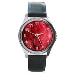 Red Background Texture Round Metal Watch by Simbadda