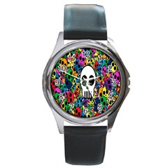 Skull Background Bright Multi Colored Round Metal Watch by Simbadda