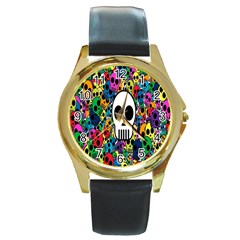 Skull Background Bright Multi Colored Round Gold Metal Watch by Simbadda