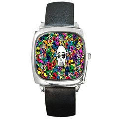 Skull Background Bright Multi Colored Square Metal Watch by Simbadda