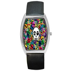 Skull Background Bright Multi Colored Barrel Style Metal Watch by Simbadda