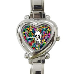 Skull Background Bright Multi Colored Heart Italian Charm Watch by Simbadda