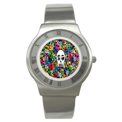 Skull Background Bright Multi Colored Stainless Steel Watch by Simbadda