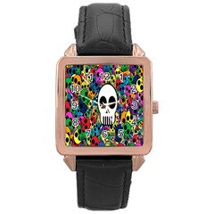 Skull Background Bright Multi Colored Rose Gold Leather Watch  by Simbadda