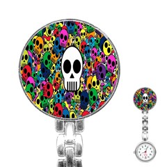 Skull Background Bright Multi Colored Stainless Steel Nurses Watch by Simbadda