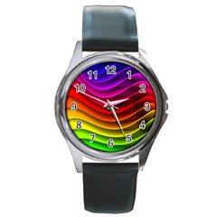 Spectrum Rainbow Background Surface Stripes Texture Waves Round Metal Watch by Simbadda