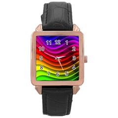 Spectrum Rainbow Background Surface Stripes Texture Waves Rose Gold Leather Watch  by Simbadda