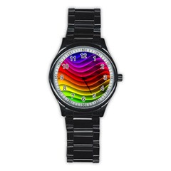 Spectrum Rainbow Background Surface Stripes Texture Waves Stainless Steel Round Watch by Simbadda