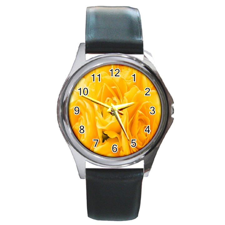 Yellow Neon Flowers Round Metal Watch