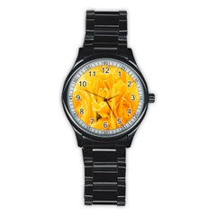 Yellow Neon Flowers Stainless Steel Round Watch by Simbadda