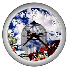 Vintage bird in the cage  Wall Clocks (Silver) 