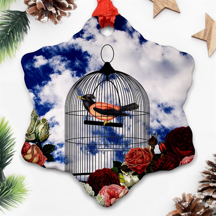 Vintage bird in the cage  Snowflake Ornament (Two Sides)