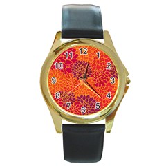 Floral Pattern Round Gold Metal Watch by Valentinaart