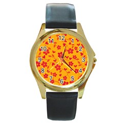 Floral Pattern Round Gold Metal Watch by Valentinaart