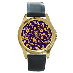 Floral Pattern Round Gold Metal Watch by Valentinaart