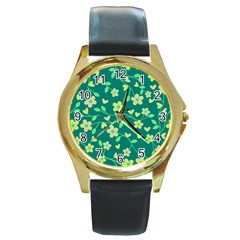 Floral Pattern Round Gold Metal Watch by Valentinaart