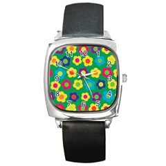 Floral Pattern Square Metal Watch by Valentinaart