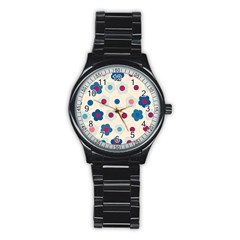 Floral Pattern Stainless Steel Round Watch