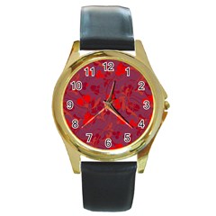 Red Floral Pattern Round Gold Metal Watch by Valentinaart