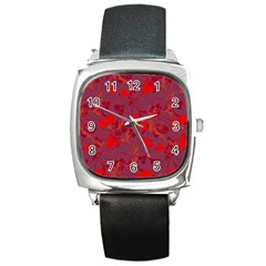 Red Floral Pattern Square Metal Watch by Valentinaart