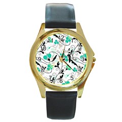 Floral Pattern Round Gold Metal Watch by Valentinaart