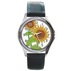 Sunflowers Flower Bloom Nature Round Metal Watch by Simbadda