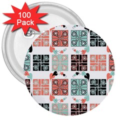 Mint Black Coral Heart Paisley 3  Buttons (100 Pack)  by Simbadda