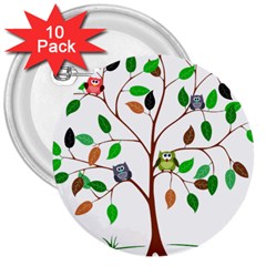 Tree Root Leaves Owls Green Brown 3  Buttons (10 Pack)  by Simbadda