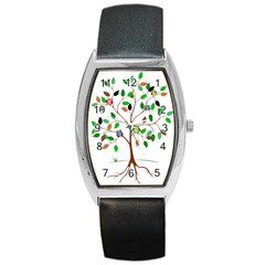 Tree Root Leaves Owls Green Brown Barrel Style Metal Watch by Simbadda