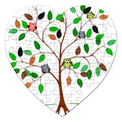 Tree Root Leaves Owls Green Brown Jigsaw Puzzle (heart) by Simbadda