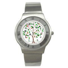 Tree Root Leaves Owls Green Brown Stainless Steel Watch by Simbadda