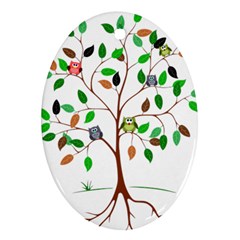 Tree Root Leaves Owls Green Brown Oval Ornament (two Sides) by Simbadda