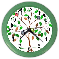 Tree Root Leaves Owls Green Brown Color Wall Clocks by Simbadda