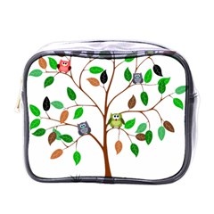 Tree Root Leaves Owls Green Brown Mini Toiletries Bags by Simbadda