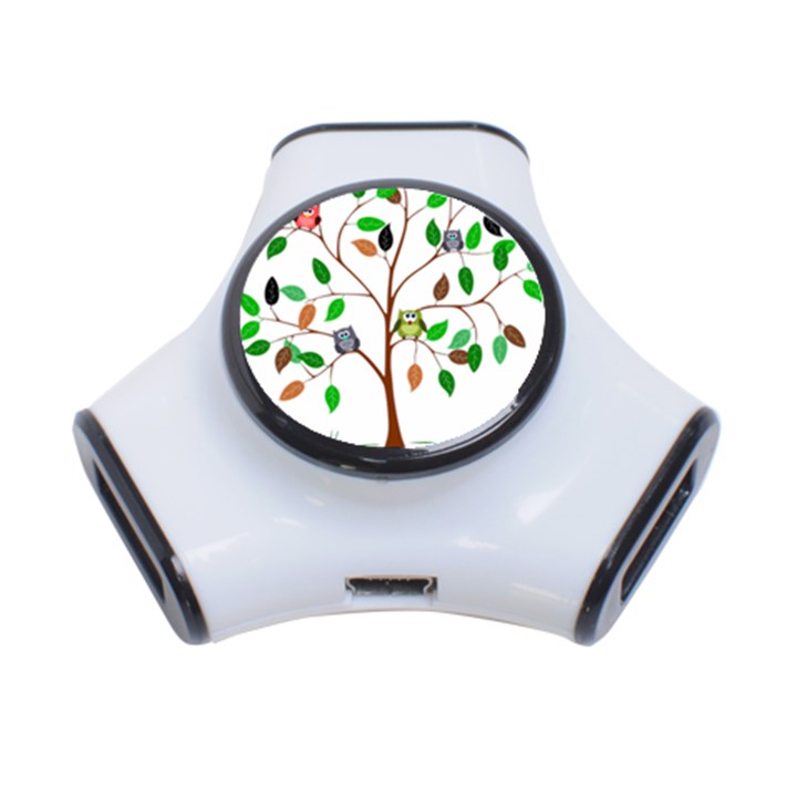 Tree Root Leaves Owls Green Brown 3-Port USB Hub