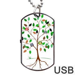 Tree Root Leaves Owls Green Brown Dog Tag Usb Flash (two Sides)