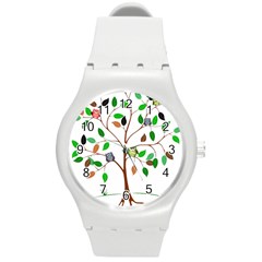 Tree Root Leaves Owls Green Brown Round Plastic Sport Watch (m) by Simbadda