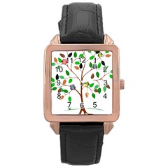 Tree Root Leaves Owls Green Brown Rose Gold Leather Watch  by Simbadda