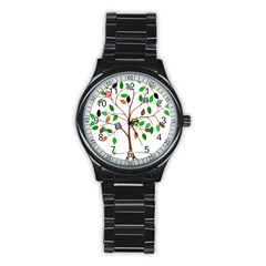 Tree Root Leaves Owls Green Brown Stainless Steel Round Watch by Simbadda