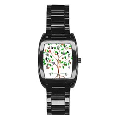 Tree Root Leaves Owls Green Brown Stainless Steel Barrel Watch by Simbadda