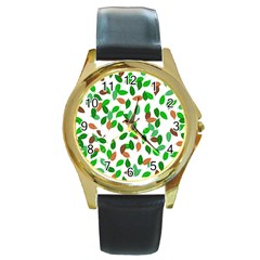 Leaves True Leaves Autumn Green Round Gold Metal Watch by Simbadda