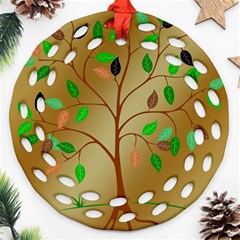 Tree Root Leaves Contour Outlines Round Filigree Ornament (two Sides)