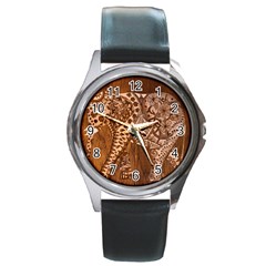 Elephant Aztec Wood Tekture Round Metal Watch by Simbadda