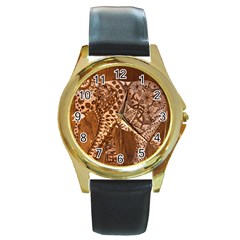 Elephant Aztec Wood Tekture Round Gold Metal Watch by Simbadda