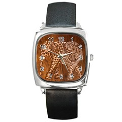 Elephant Aztec Wood Tekture Square Metal Watch by Simbadda