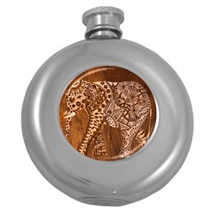 Elephant Aztec Wood Tekture Round Hip Flask (5 Oz) by Simbadda