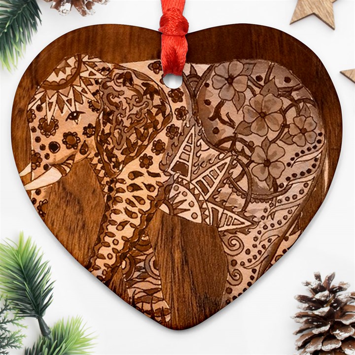 Elephant Aztec Wood Tekture Heart Ornament (Two Sides)